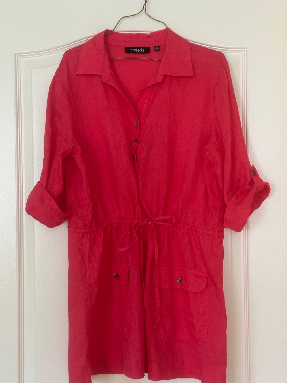 American Threads Red Button-Front Tunic with Drawstring Waist